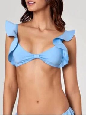NEW Agua Bendita Sharon Light Blue Swimsuit Bikini Top Ruffle Shoulder Large NWT